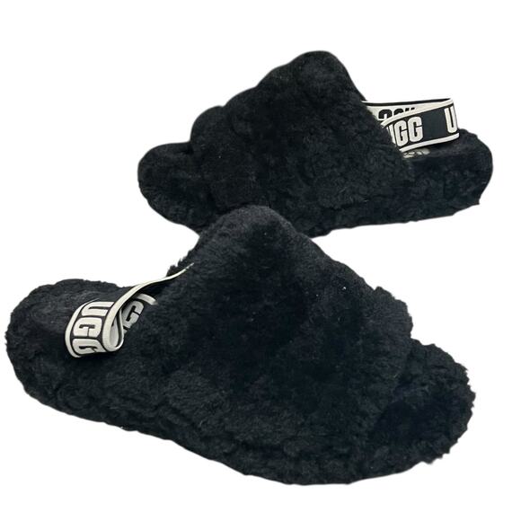 Ugg Fluff Yeah Slide Slippers Womens 8 Black Plush Sheepskin Logo Soft Fur Cozy - Picture 1 of 11